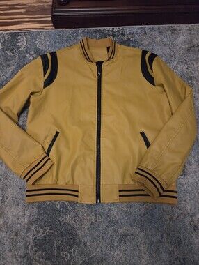 Men's Mustard Yellow Faux Leather Varsity Bomber Jacket - 2XL (Like New)
